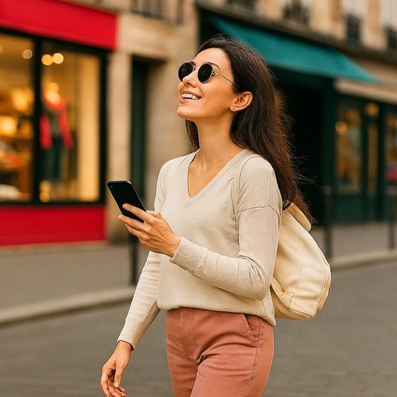 Femme se promenant sereinement en ville grâce à vikîA Angela