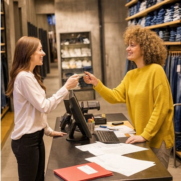 Commerçante et sa cliente — sourire et complicité avec vikîA.Pro®